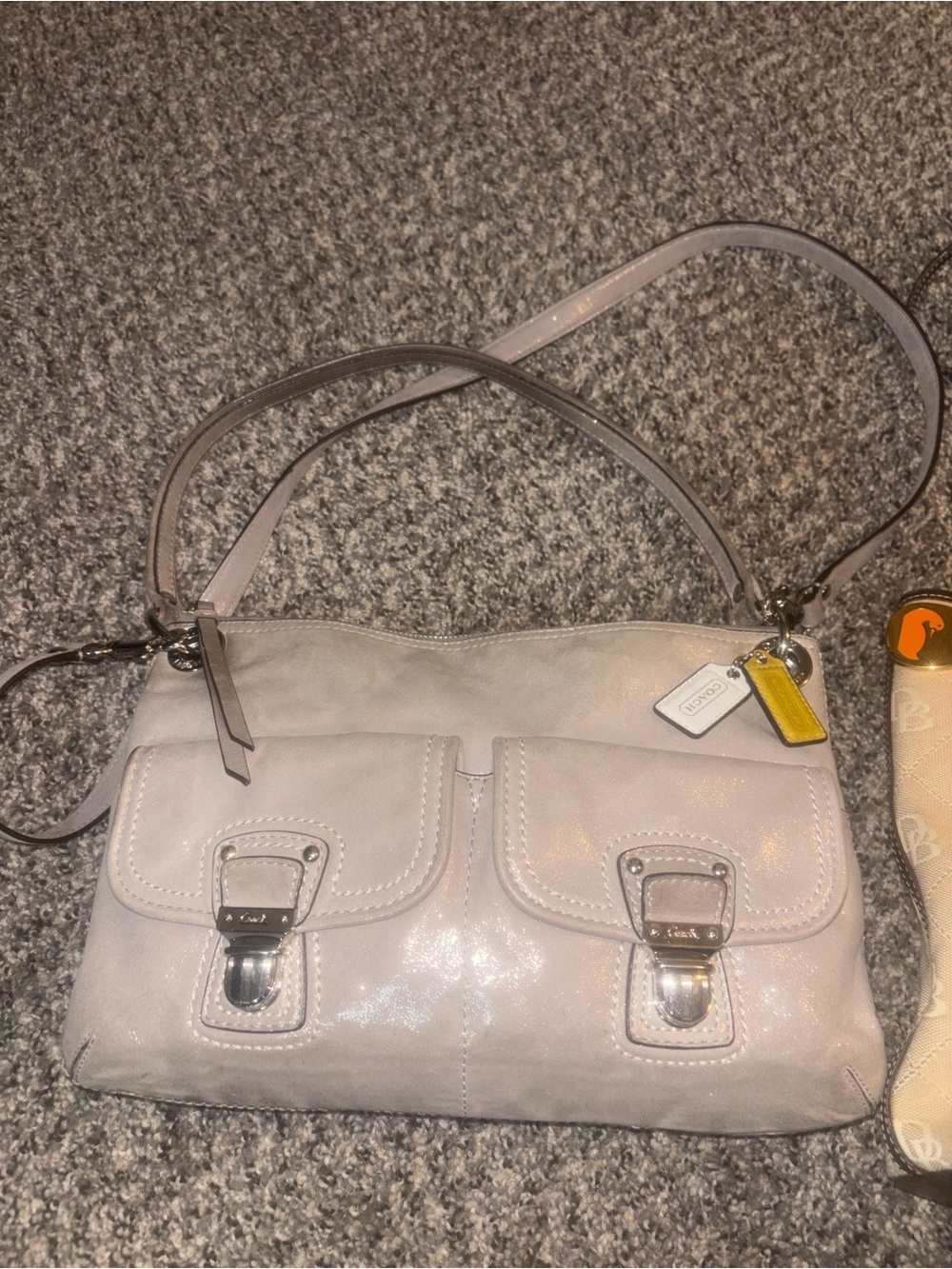 Coach Light Gray Leather Shoulder Bag with Front Buckle Pockets